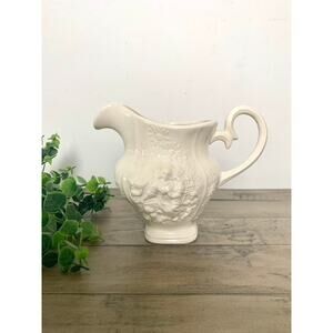 1970s Vintage Ceramic Pitcher with Embossed People and Flowers
